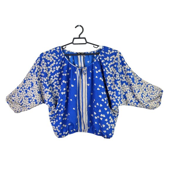 Womens Express Blue & Beige Heart Print Cropped Blouse Kimono Sleeve Polyester M - Picture 1 of 8